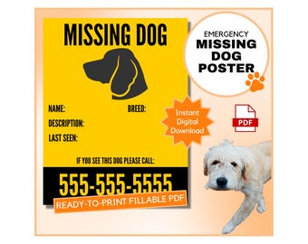 Póster imprimible de perro perdido / Póster imprimible de perro perdido / Volante de perro perdido / Volante de perro perdido / PDF imprimible / Formulario rellenable