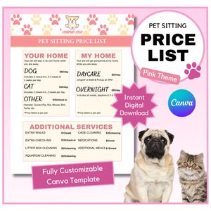 Puede incluir: Plantilla de lista de precios de cuidado de mascotas imprimible en rosa y blanco con un carlino y un gato. La plantilla incluye precios para la guardería canina, estancias nocturnas y servicios adicionales como paseos adicionales, limpieza de jaulas y medicamentos.