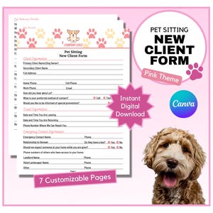 Formulaire pour la garde d'animaux | Contrat de garde d'animaux de compagnie | Formulaire de consentement pour la garde d'un chien | Renonciation à la garde d'un chat | Formulaire d'entreprise pour animaux de compagnie | Toile | Thème rose