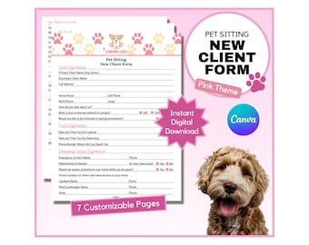 Pet Sitting New Client Form | Pet Sitting Contract | Dog Sitting Consent Form | Cat Sitting Waiver | Pet Business Form | Canva | Pink Theme