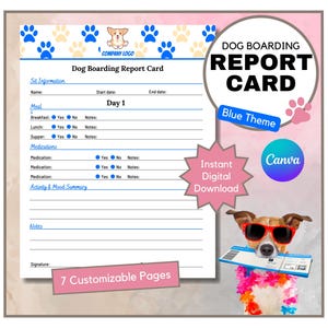 Informe de alojamiento canino / Formulario de informe de alojamiento canino / Resumen de alojamiento de mascotas / Plantilla de Canva / Descarga instantánea / Tema azul