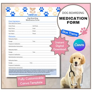 Dog Boarding Medication Form | Dog Boarding Health Form | Dog Boarding Vet Form | Boarding Medical Form | Pet Boarding Forms | Blue Vet Form