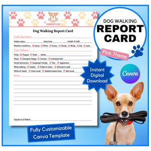 Informe de paseo de perros / Formulario de informe de paseo de perros / Resumen de paseo de perros / Plantilla de Canva / Descarga instantánea / Tema rosa