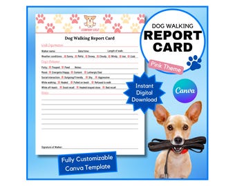 Puede incluir: Una plantilla de tarjeta de informe de paseo de perros imprimible en rosa con huellas de patas y un perro de dibujos animados. La plantilla incluye secciones para la información del paseador, las condiciones climáticas, el comportamiento del perro, notas y una línea de firma.