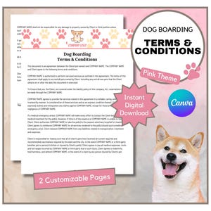 Dog Boarding Terms & Conditions: Legal Form for Dog Hotel or Kennel Business Canva Template (Pink Theme - Digital Download)
