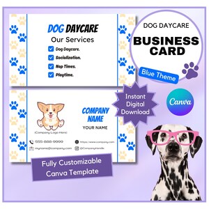 Hundetagesstätte Visitenkarte | Hundetagesstätten Kontakt Karte | Hundeschule Kontaktinformationen | Hundetageskarte | Canva Vorlage | Blaues Thema