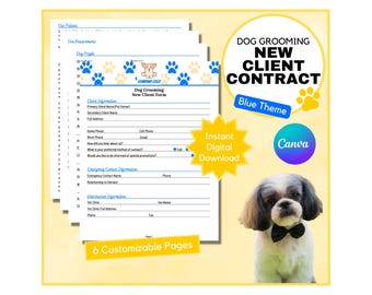 Dog Grooming New Client Form: Contract and Consent Waiver for Dog Groomer Business Canva Template (Blue Theme - Digital Download)