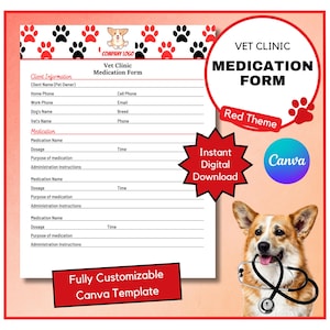 Vet Clinic Medication Form | Veterinarian Health Form | Vet Business Form | Vet Clinic Medical Form | Vet Clinic Forms | Red Vet Form