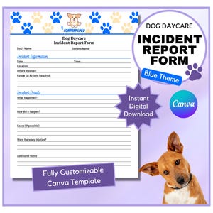 ドッグデイケア事故報告書 | ドッグデイケア事故報告書 | 犬咬傷報告書 | ドッグデイケアテンプレート | ペットビジネスフォーム | Canva | Blue
