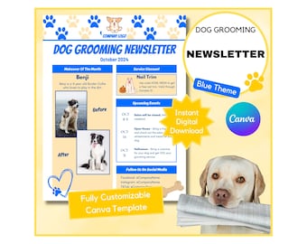 Dog Grooming Newsletter Template: Email Form for Grooming Business Canva Template (Blue Theme - Digital Download)