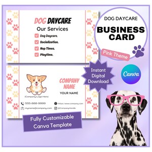 Hundetagesstätte Visitenkarte | Hundetagesstätten Kontakt Karte | Hundeschule Kontaktinformationen | Hundetageskarte | Canva Vorlage | Rosa Thema