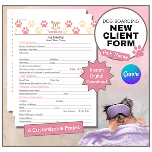 Dog Boarding New Client Form | Dog Hotel New Client Contract | Consent Form | Pet Business Form | Waiver Sheet | Canva | Pink Theme