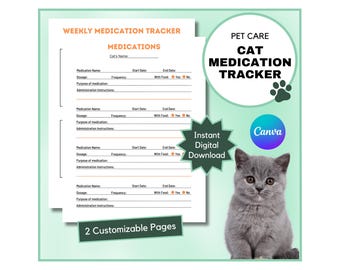 Suivi des médicaments pour chat | Tableau de médecine féline | Guide de prescription pour chats | Horaire des traitements médicaux pour chatons | Modèle de toile | Téléchargement instantané