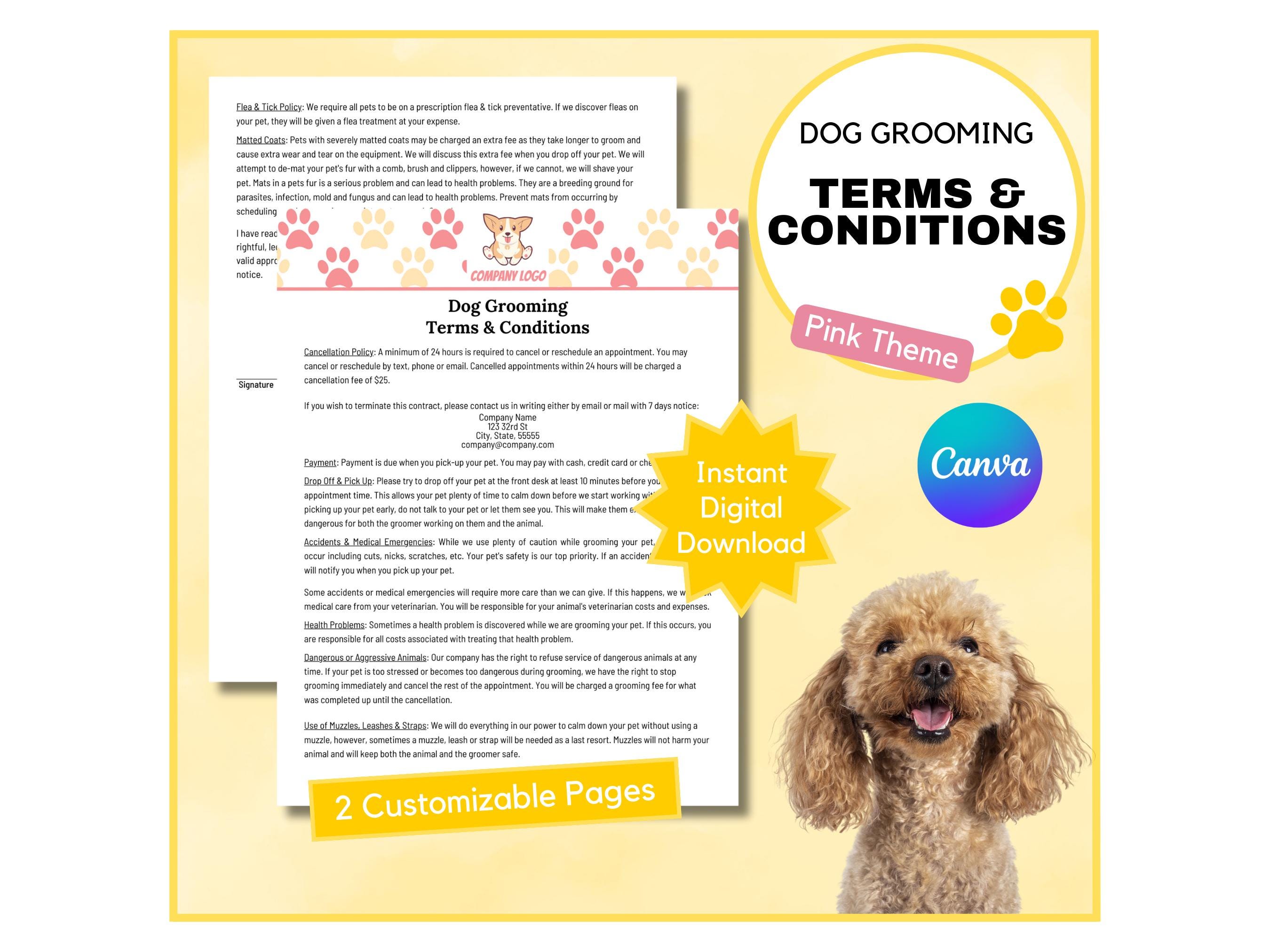 Dog Grooming Terms & Conditions: Legal Form for Dog Groomer Business Canva Template (Pink Theme - Digital Download)