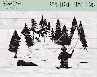 Pesca con mosca SVG / Fly Fisherman svg / Fly Fisherman Trees svg / Fly Fishing Mountains / Fishing SVG / Fly Fishing Clipart / Man Fishing svg