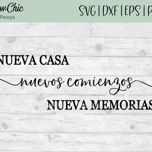 May include: A black and white graphic design with the text "NUEVA CASA", "nuevos comienzos", and "NUEVA MEMORIAS" on a white wood background.