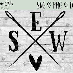 May include: Black and white design of two crossed sewing needles with a heart at the intersection. The needles form the letters "S", "E", and "W" with the text "Bow Chic & Peeps" at the top.
