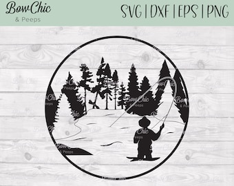 Pesca con mosca SVG / Pescador con mosca svg / Pescador con mosca árboles svg / Pesca con mosca montañas / Pesca SVG / Clipart de pesca con mosca / Hombre pescando svg