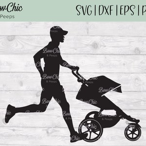 Könnte beinhalten: Schwarze Silhouette einer Person, die einen Kinderwagen schiebt und rennt. Das Bild enthält den Text "SVG | DXF | EPS | PNG" und den Markennamen "Bow Chic & Peeps".