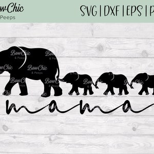 May include: Black silhouette of four elephants walking in a line, with the largest elephant at the front and the smallest elephant at the back. The elephants are walking towards the right side of the image. The word "mama" is written in a cursive font below the elephants.