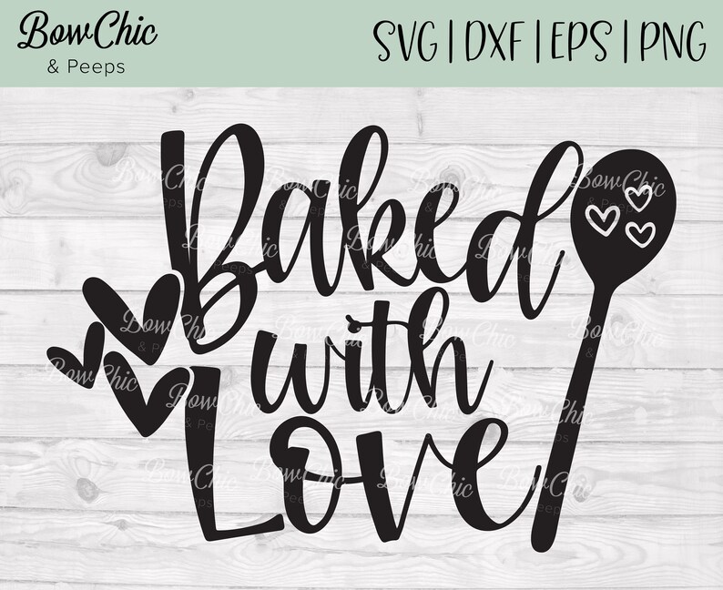 Puede incluir: Un dise&ntilde;o gr&aacute;fico digital negro con el texto Baked with Love en una fuente cursiva. El dise&ntilde;o incluye tres corazones negros s&oacute;lidos a la izquierda y una cuchara de madera negra a la derecha con tres peque&ntilde;os contornos de coraz&oacute;n blancos.