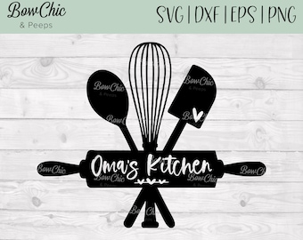 May include: Black and white silhouette of kitchen utensils, including a rolling pin, a whisk, a spoon, and a spatula, with the text "Oma's Kitchen" on the rolling pin.