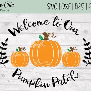 Puede incluir: Bienvenido a nuestro parche de calabaza signo con tres calabazas naranjas y hojas verdes sobre un fondo de madera blanca.