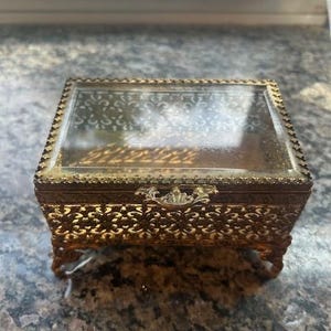 Vintage Brass and Beveled Glass Jewelry Box