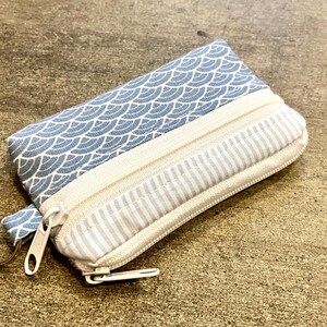 Könnte beinhalten: Eine kleine blaue und weiße Reißverschlusstasche mit einem Schlüsselring. Die Tasche hat einen blauen Stoff mit einem weißen Wellenmuster auf der oberen Hälfte und einen weißen Stoff mit blauen Streifen auf der unteren Hälfte.