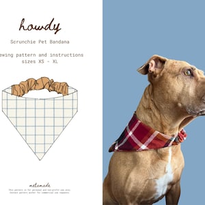 Puede incluir: Un perro marrón con una bandana scrunchie a cuadros rojos y negros, sobre un fondo azul. La imagen también presenta un diagrama de una bandana scrunchie para mascotas, la palabra "howdy" y el texto "Scrunchie Pet Bandana".