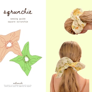 May include: Image features a sewing guide for a square scrunchie, with illustrations of scrunchies in peach and green. The image also shows a person wearing a floral scrunchie in their hair. Text on the image reads "scrunchie sewing guide square scrunchie".