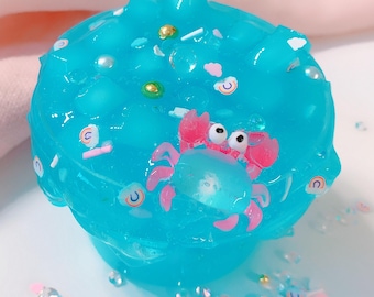 Blue Lagoon Slime, Ocean Scented Clear Slime with Jelly Cubes and Crab Charm