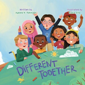 May include: A group of diverse children are smiling and holding up a green sign that says "DIFFERENT TOGETHER". They are all wearing different clothes and have different skin tones. The children are drawing on the sign with colourful chalk.