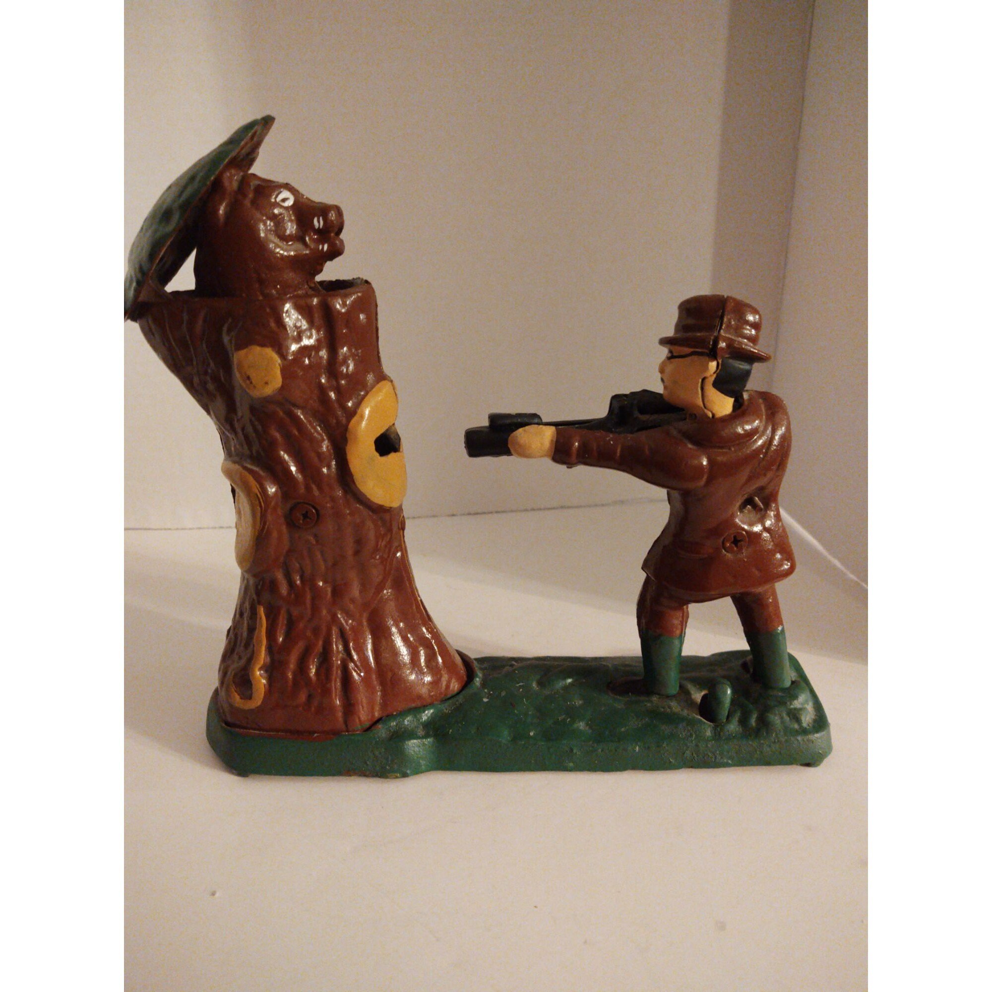 Cast Iron Mechanical Coin Money Collectible Bank Hunter Shooting Bear in Tree for sale  