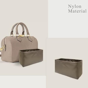 May include: A taupe handbag with a matching interior organizer. The handbag has two handles, a shoulder strap, and gold-colored hardware. The image also includes the text "Nylon Material".