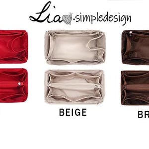 May include: Three handbag organisers in red, beige, and brown. Each organiser has multiple compartments and a zipped closure. The organisers are shown folded in half.