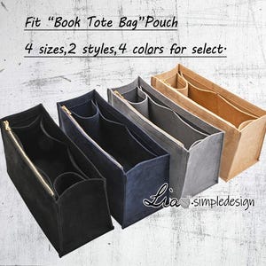 Puede incluir: Cuatro organizadores de fieltro para una bolsa de mano en negro, azul marino, gris y marrón. Los organizadores tienen varios bolsillos y cierre de cremallera. El texto "Fit "Book Tote Bag" Pouch" y "4 sizes, 2 styles, 4 colors for select." es visible en la imagen.