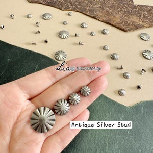 Può includere: Un assortimento di borchie color argento antico di varie dimensioni. Le borchie hanno un design a raggiera e sono esposte su una superficie neutra. Il testo "Antique Silver Stud" è visibile. Ideali per lavori in pelle e progetti fai-da-te.