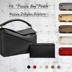 May include: Black leather handbag and pouch, with a selection of interior organisers in different colours. Text reads: Fit "Puzzle Bag" Pouch, 4 sizes, 2 styles, 6 colours.