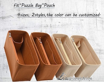 Puede incluir: Cuatro organizadores de bolsos de fieltro en tonos marrón y beige, cada uno con cierre de cremallera y bolsillos interiores. El texto "Fit Puzzle Bag Pouch" y "4 tamaños, 2 estilos, el color se puede personalizar" es visible.