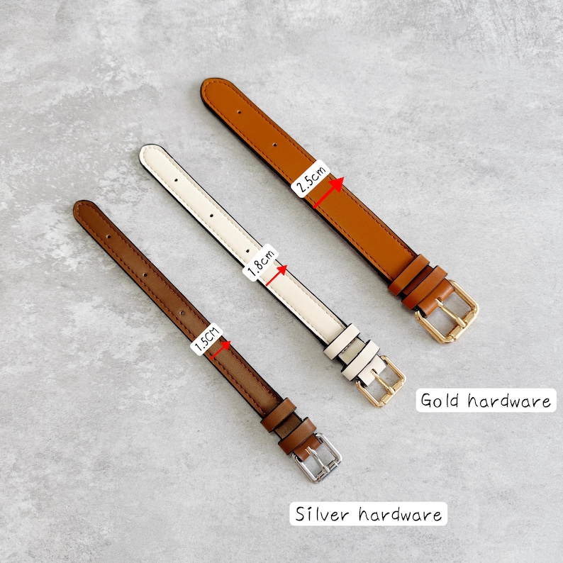 May include: Three watch straps in different colors and widths. One brown strap is 1.5cm wide with silver hardware, one cream strap is 1.8cm wide with gold hardware, and one tan strap is 2.5cm wide with gold hardware. Each strap features a buckle.