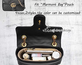 May include: Black quilted bag with a gold chain and a gold GG logo. The bag is open and has a beige fabric insert with compartments for organising items. The text "Fit "Marmont Bag" Pouch" and "4 sizes, 2 styles, the color can be customised." is visible in the image.