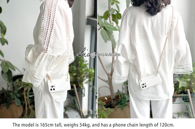 May include: White phone case with a gold chain worn as a crossbody bag. The case has a simple design and is paired with a white outfit. The image includes the text "Lia simpledesign".