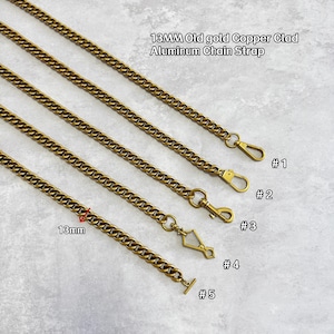 Può includere: Cinque tracolle a catena in alluminio placcato rame oro antico, ciascuna larga 13 mm, con vari stili di chiusura. L'immagine mostra cinque tracolle a catena, ciascuna con un design di chiusura unico, etichettate da #1 a #5. Il testo "13MM Old gold Copper Clad Aluminum Chain Strap" è visibile.
