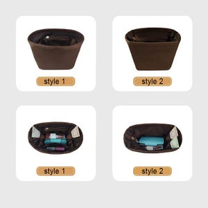 May include: A set of four brown handbag organizers. Two organizers are empty, and two are filled with various items. Each organizer is labeled with "style 1" or "style 2".