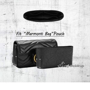 Peut inclure: Un sac matelassé noir avec un anneau doré et une pochette noire séparée qui s'insère à l'intérieur. Le texte "Fit "Marmont Bag" Pouch" est écrit sur l'image.
