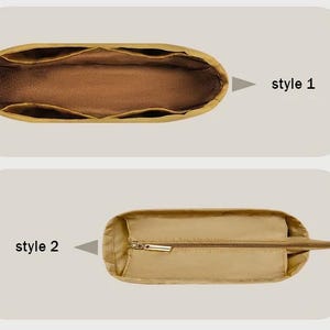 Op de afbeelding: Twee beige handtassenorganizers worden getoond. Stijl 1 is een open organizer met meerdere vakken. Stijl 2 is een organizer met ritssluiting en een handvat. Beide organizers zijn gemaakt van een lichtbeige stof.