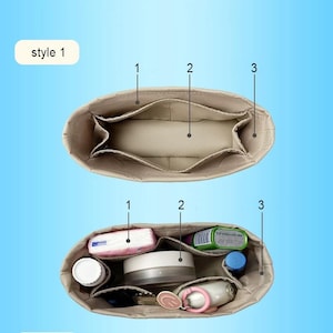 Könnte beinhalten: Beiger Handtaschen-Organizer mit mehreren Fächern, gekennzeichnet mit 1, 2 und 3. Die Draufsicht zeigt den leeren Organizer, während die Unteransicht den mit verschiedenen Gegenständen gefüllten Organizer zeigt.