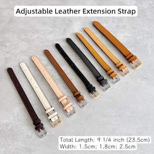 May include: An assortment of adjustable leather extension straps in various colors, including brown, white, black, and tan. Each strap features a metal buckle. The total length is 9 1/4 inches (23.5cm), with widths of 1.5cm, 1.8cm, and 2.5cm. The text "Adjustable Leather Extension Strap" is at the top.