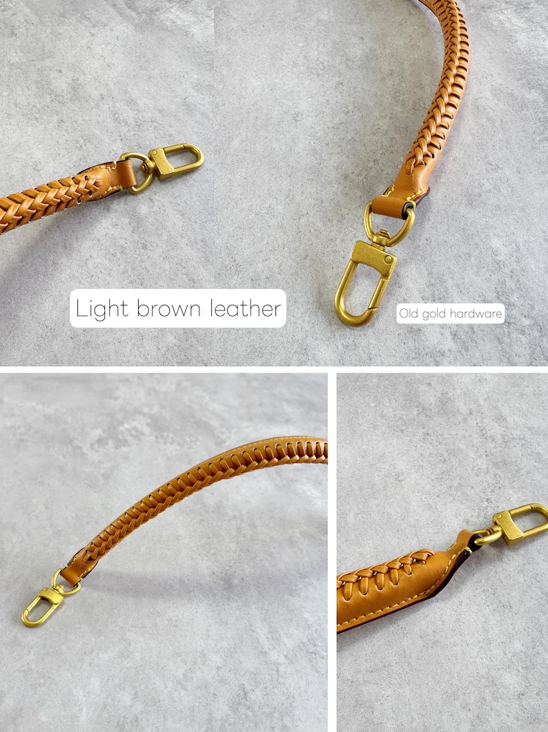 May include: Light brown leather strap with a plaited design and old gold hardware. The strap has a hook on each end. The text "Light brown leather" and "Old gold hardware" are visible in the image.